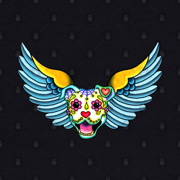 All Pit Bulls go to Heaven - Day of the Dead Winged Pitbull - Sugar Skull Angel by prettyinink